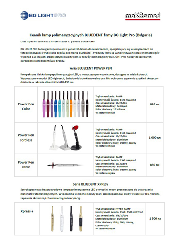 Cennik lamp polimeryzacyjnych BG Light kwiecień 2026