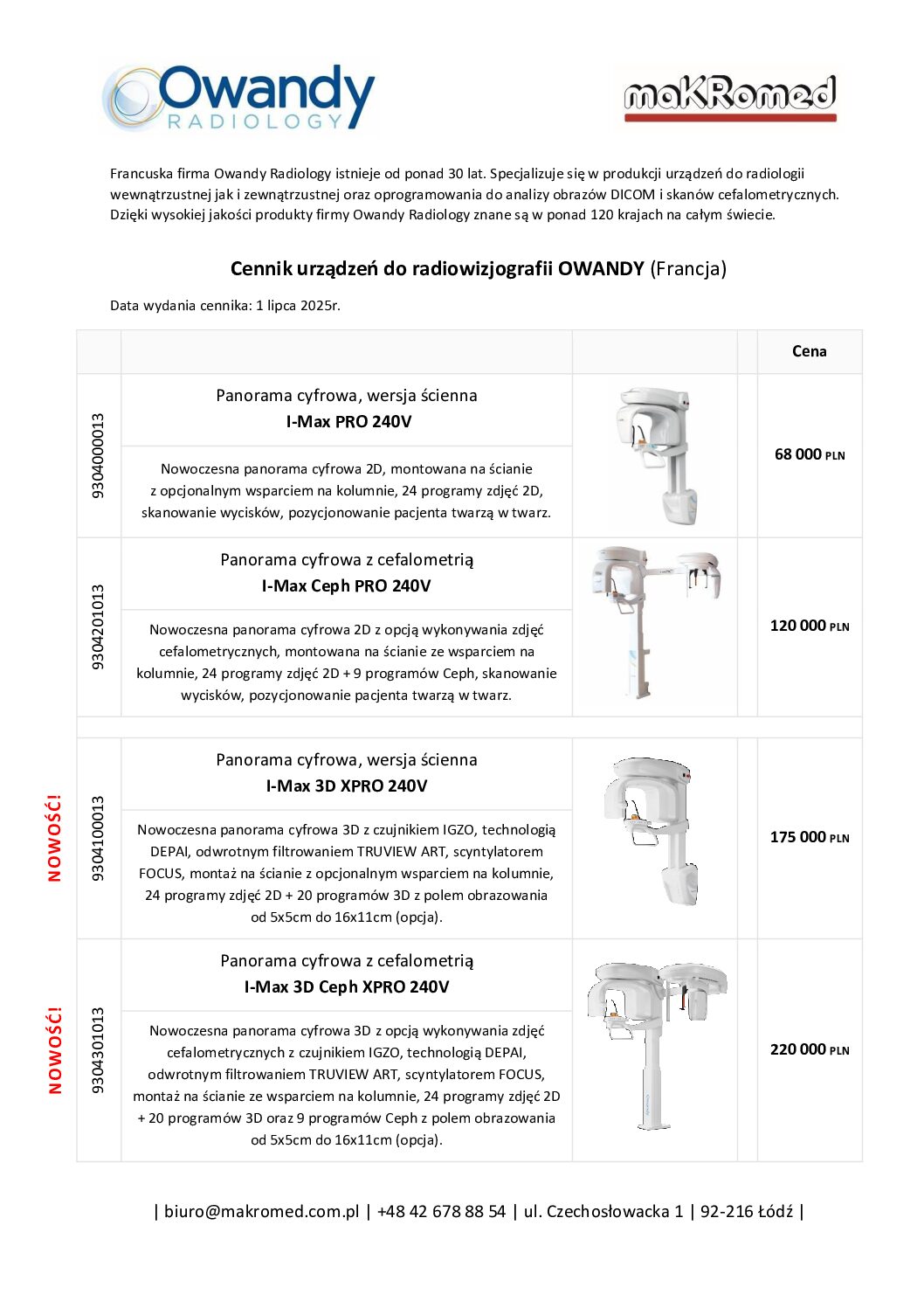 Cennik radiowizjografii Owandy lipiec 2025